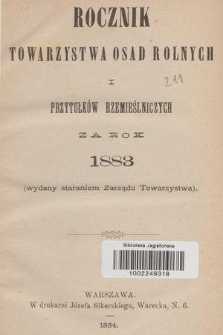 Rocznik Towarzystwa Osad Rolnych i Przytułków Rzemieślniczych za Rok 1883
