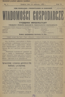 Wiadomości Gospodarcze : tygodnik informacyjny poświęcony sprawom handlowym, przemysłowym i gospodarczym. R. 6, 1922, nr 1