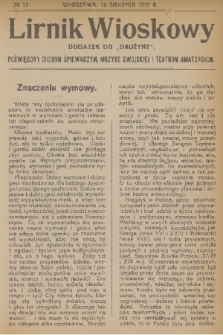 Lirnik Wioskowy : dodatek do „Drużyny” : poświęcony chórom śpiewaczym, muzyce swojskiej i teatrom amatorskim. 1919, nr 15