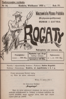 Rogaty : niezawisłe pismo polskie (krytyczno-polityczne) : humor i satyra. 1922, nr 14