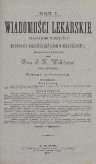 Wiadomości Lekarskie : czasopismo miesięczne poświęcone wszystkim gałęziom wiedzy lekarskiej. R. 1, 1886/1887, nr 11