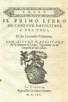 Il primo libro de canzone napolitane : a tre voci. Basso