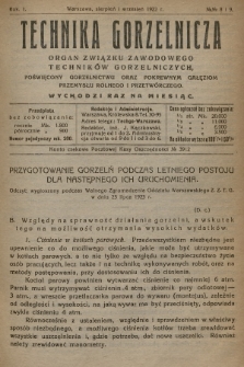 Technika Gorzelnicza : organ Związku Zawodowego Techników Gorzelniczych, poświęcony gorzelnictwu oraz pokrewnym gałęziom przemysłu rolnego i przetwórczego. 1922, No 8 i 9