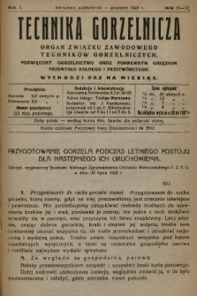 Technika Gorzelnicza : organ Związku Zawodowego Techników Gorzelniczych, poświęcony gorzelnictwu oraz pokrewnym gałęziom przemysłu rolnego i przetwórczego. 1922, No 10-12