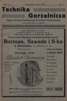 Technika Gorzelnicza : organ Związku Zawodowego Techników Gorzelniczych poświęcony gorzelnictwu oraz pokrewnym gałęziom przemysłu rolnego i przetwórczego. 1926, Nr 4