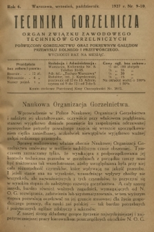 Technika Gorzelnicza : organ Związku Zawodowego Techników Gorzelniczych poświęcony gorzelnictwu oraz pokrewnym gałęziom przemysłu rolnego i przetwórczego. 1927, Nr 9-10