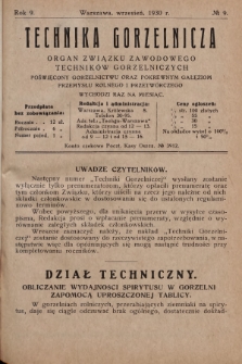 Technika Gorzelnicza : organ Związku Zawodowego Techników Gorzelniczych poświęcony gorzelnictwu oraz pokrewnym gałęziom przemysłu rolnego i przetwórczego. 1930, No 9