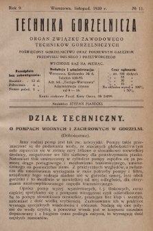 Technika Gorzelnicza : organ Związku Zawodowego Techników Gorzelniczych poświęcony gorzelnictwu oraz pokrewnym gałęziom przemysłu rolnego i przetwórczego. 1930, No 11