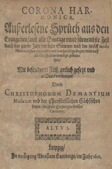 Ausserlesene Spruch aus den Evangelien /auff alle Sontage.. nach den zwolch modis Muficis, beydes regulariter und transposite zu fingen. Altvs