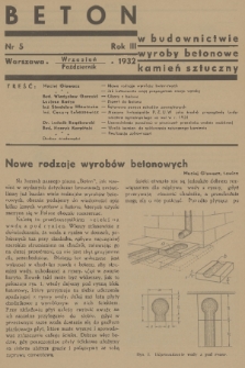 Beton : w budownictwie : wyroby betonowe : kamień sztuczny. R. 3, 1932, nr 5