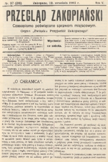 Przegląd Zakopiański: czasopismo poświęcone sprawom miejscowym : organ „Związku Przyjaciół Zakopanego”. R. 5, 1903, nr 37