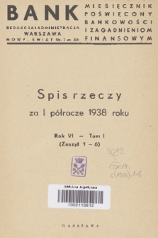 Bank : miesięcznik poświęcony bankowości i zagadnieniom finansowym. R. 6, 1938, spis rzeczy za I półrocze 1938 roku