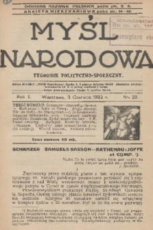 Myśl Narodowa : tygodnik polityczno-społeczny. R. 2, 1922, nr 22