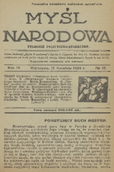 Myśl Narodowa : tygodnik polityczno-społeczny. R. 4, 1924, nr 15