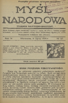 Myśl Narodowa : tygodnik polityczno-społeczny. R. 4, 1924, nr 27