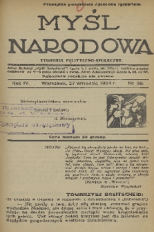 Myśl Narodowa : tygodnik polityczno-społeczny. R. 4, 1924, nr 39