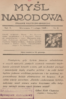 Myśl Narodowa : tygodnik polityczno-społeczny. R. 5, 1925, No. 6