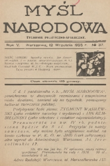 Myśl Narodowa : tygodnik polityczno-społeczny. R. 5, 1925, nr 37