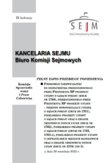 Pełny Zapis Przebiegu Posiedzenia Podkomisji Nadzwyczajnej do Rozpatrzenia: Przedstawionego przez Prezydenta RP Projektu Ustawy o Sądach Pokoju (Druk nr 1760), Przedstawionego przez Prezydenta RP Projektu Ustawy - Przepisy Wprowadzające Ustawę o Sądach Pokoju (Druk nr 1761), Poselskiego Projektu Ustawy o Sądach Pokoju oraz o Zmianie Niektórych Innych Ustaw (Druk nr 1762), Poselskiego Projektu Ustaw o Sądach Pokoju (Druki nr 1763, 1763-A), Poselskiego Projektu Ustawy o Obywatelskich Sędziach Handlowych oraz o Zmianie Niektórych Innych Ustaw (Druk nr 1378). Kad. 9, 2022, nr 5