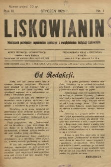 Liskowianin : miesięcznik poświęcony zagadnieniom społecznym z uwzględnieniem instytucji liskowskich. R. 3, 1928, nr 1