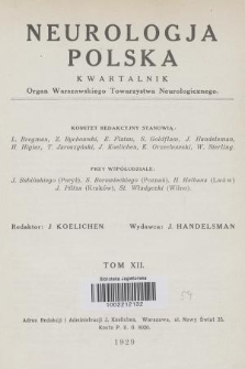 Neurologja Polska. T. 12, 1929, Spis rzeczy zawartych w tomie XII „Neurologji Polskiej”