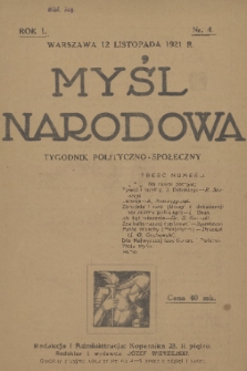 Myśl Narodowa : tygodnik polityczno-społeczny. R. 1, 1921, nr 4