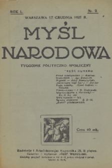 Myśl Narodowa : tygodnik polityczno-społeczny. R. 1, 1921, nr 9