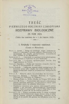Rozprawy Biologiczne z Zakresu Medycyny Weterynaryjnej, Rolnictwa i Hodowli, T. 1, 1922/1923, Treść pierwszego rocznika czasopisma „Rozprawy Biologiczne” za rok 1923