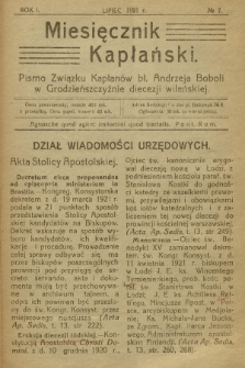 Miesięcznik Kapłański : pismo Związku Kapłanów bł. Andrzeja Boboli w Grodzieńszczyźnie Diecezji Wileńskiej. R.1, 1921, no 7