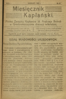 Miesięcznik Kapłański : pismo Związku Kapłanów bł. Andrzeja Boboli w Grodzieńszczyźnie Diecezji Wileńskiej. R.1, 1921, no 8
