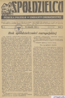 Spółdzielca : organ dla Spółdzielni w Generalnym Gubernatorstwie. R. 3, 1943, nr 1