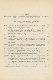 Rozprawy Biologiczne z Zakresu Medycyny Weterynaryjnej, Rolnictwa i Hodowli, T. 11, 1933, Treść jedenastego rocznika czasopisma „Rozprawy Biologiczne” za rok 1933