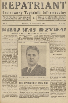Repatriant : ilustrowany tygodnik informacyjny : informuje i pomaga w powrocie do kraju, staje w obronie praw Polaków na obczyźnie. R. 2, 1946, nr 34
