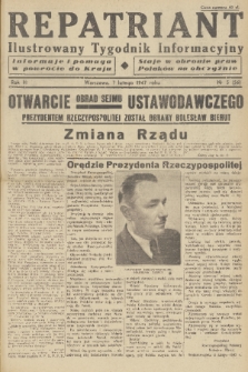 Repatriant : ilustrowany tygodnik informacyjny : informuje i pomaga w powrocie do kraju, staje w obronie praw Polaków na obczyźnie. R. 3, 1947, nr 5