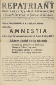 Repatriant : ilustrowany tygodnik informacyjny : informuje i pomaga w powrocie do kraju, staje w obronie praw Polaków na obczyźnie. R. 3, 1947, nr 6