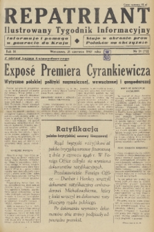 Repatriant : ilustrowany tygodnik informacyjny : informuje i pomaga w powrocie do kraju, staje w obronie praw Polaków na obczyźnie. R. 3, 1947, nr 21
