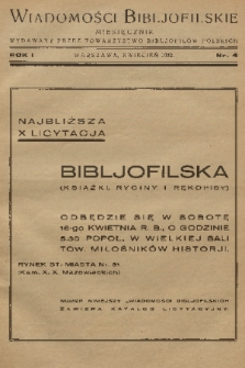 Wiadomości Bibljofilskie : miesięcznik wydawany przez Towarzystwo Bibliofilów Polskich. R. 1, 1932, nr 4