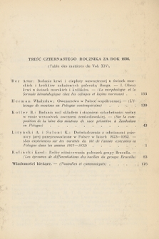 Rozprawy Biologiczne z Zakresu Medycyny Weterynaryjnej, Rolnictwa i Hodowli, T. 14, 1936, Treść czternastego rocznika za rok 1936