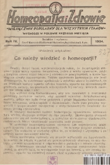 Homeopatia i Zdrowie : miesięcznik popularny dla wszystkich stanów. R. 4, 1934, nr 1