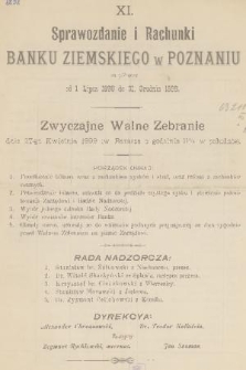 XI. Sprawozdanie i Rachunki Banku Ziemskiego w Poznaniu : za półrocze od 1 lipca 1898 do 31. grudnia 1898