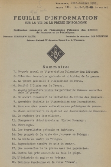 Feuille d'Information sur la Vie de la Presse en Pologne : publication mensuelle de l'Association Polonaise des Éditeurs de Journaux et de Périodiques. 1937, Nr. 6-7