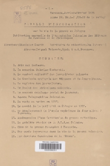 Feuille d'Information sur la Vie de la Presse en Pologne : publication mensuelle de l'Association Polonaise des Éditeurs de Journaux et de Périodiques. 1938, Nr. 1-2