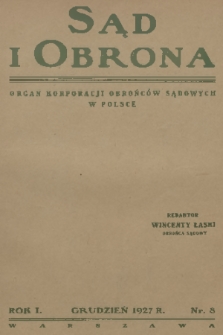 Sąd i Obrona : organ Korporacji Obrońców Sądowych w Polsce. R. 1, 1927, nr 8