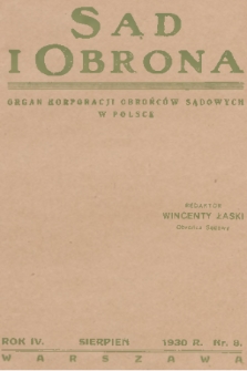 Sąd i Obrona : organ Korporacji Obrońców Sądowych w Polsce. R. 4, 1930, nr 8