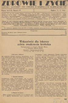 Zdrowie i Życie : dziennik urzędowy Izby Zdrowia w Generalnym Gubernatorstwie. R. 4, 1943, nr 34