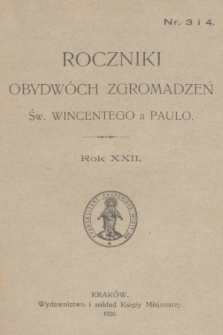Roczniki Obydwóch Zgromadzeń św. Wincentego a Paulo. R. 22, 1920, nr 3-4