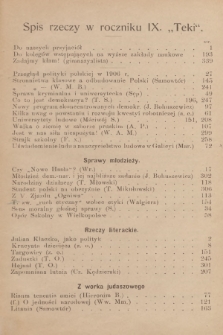 Teka : czasopismo młodzieży polskiej, R.9, 1907, Spis rzeczy w roczniku IX „Teki”