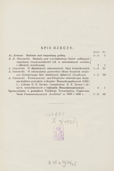 Roczniki Farmacji : organ Polskiego Towarzystwa Popierania Nauk Farmaceutycznych „Lechicja”. T.9, 1931, Spis rzeczy