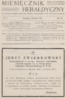 Miesięcznik Heraldyczny : wydawany przez Oddział Warsz. Polskiego Tow. Heraldycznego. R. 11, 1932, nr 9