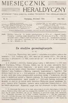 Miesięcznik Heraldyczny : wydawany przez Oddział Warsz. Polskiego Tow. Heraldycznego. R. 13, 1934, nr 9